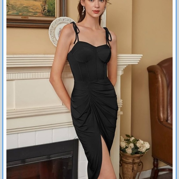 Thigh High Slit Tie Shoulder Ruched Draped Bustier Corsetstyle Vegas Dress <270> - Picture 2 of 10